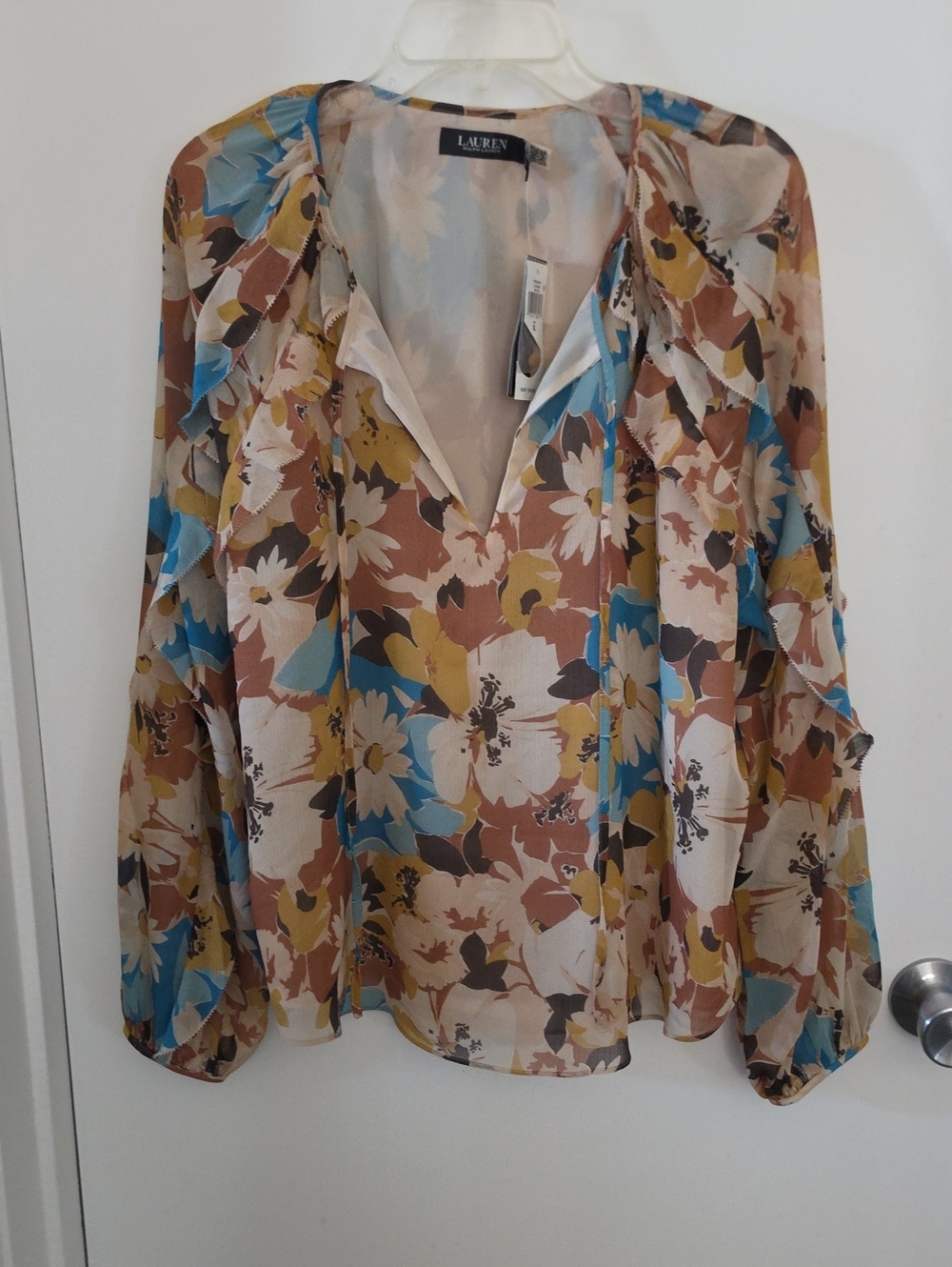 Lauren Ralph Lauren Floral Ruffle V-Neck Blouse - Blue, Brown, Cream, Yellow